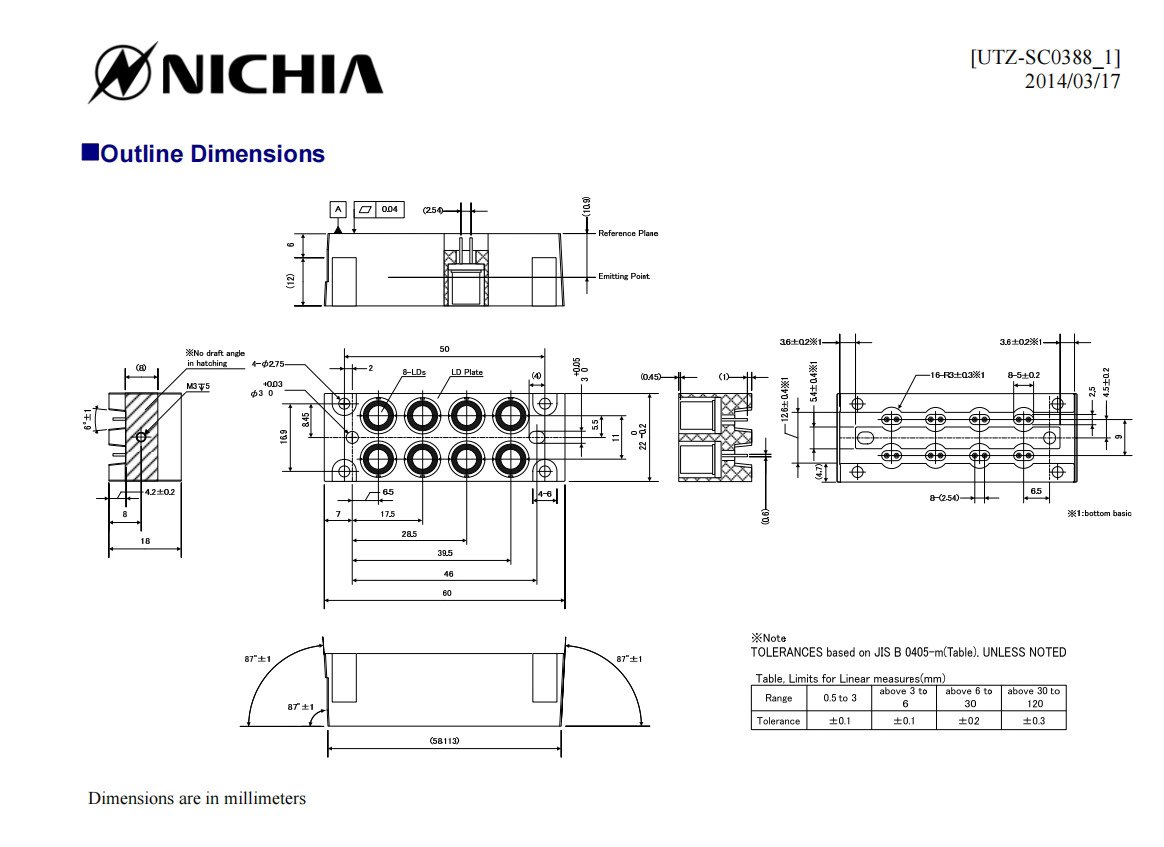 Nichia NUBM06 blue laser diode bank module - outline dimensions