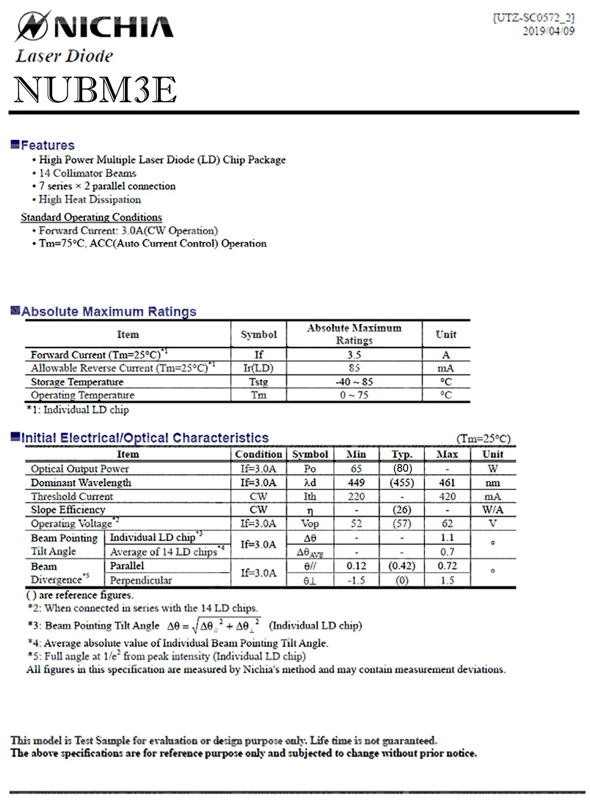 NICHIA NUBM3E laser diode array datasheet specifications