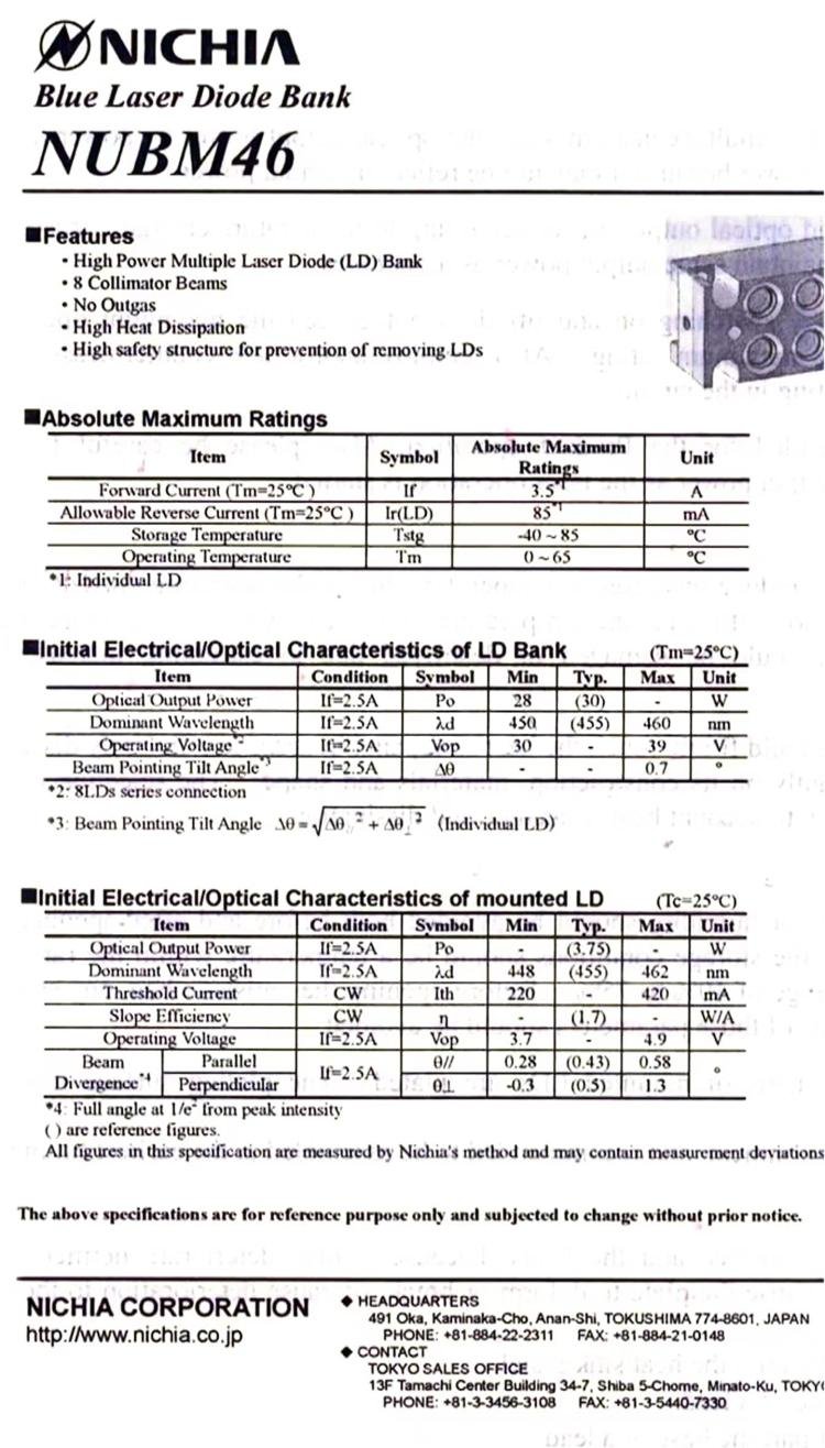 NUBM46 datasheet specifications 455nm 30W blue laser