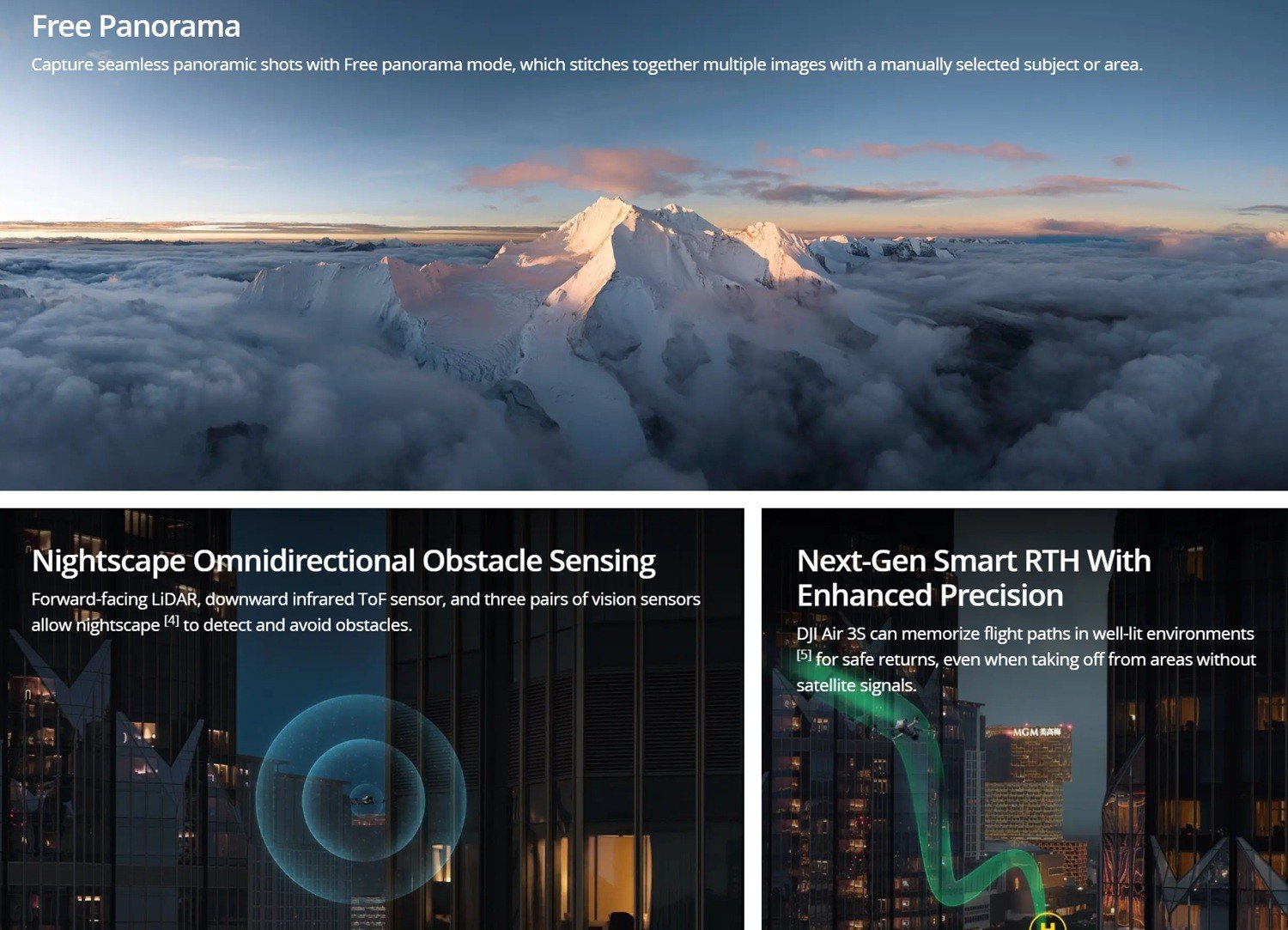 DJI Air 3S drone shooting nighttime video with omnidirectional obstacle sensing