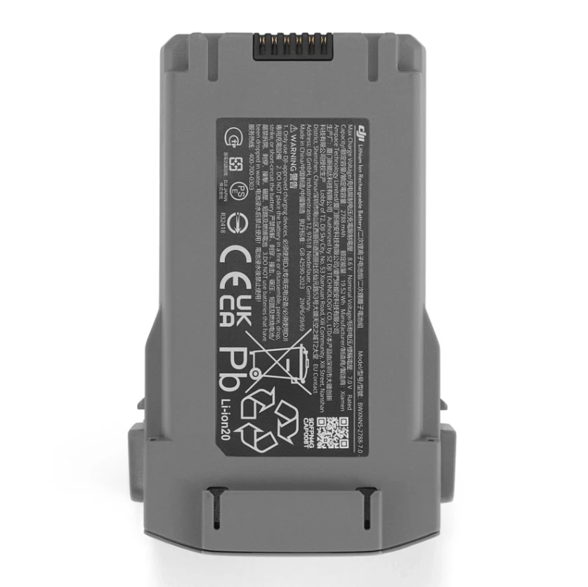 Close-up of DJI Mini 5 Pro intelligent flight battery specifications and label 2788 mAh